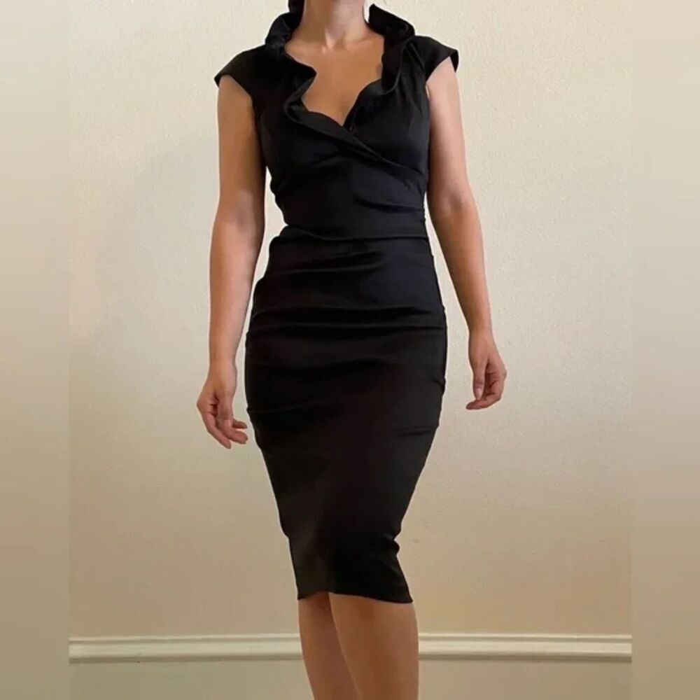 XSCAPE Black Ruffle Neck Ruched Side Formal Prom Bodycon Midi Dress Size 16